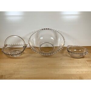 Clear Glass Bowl‎ Set Beaded Edge Fruit Salad Serving Basket Centerpiece